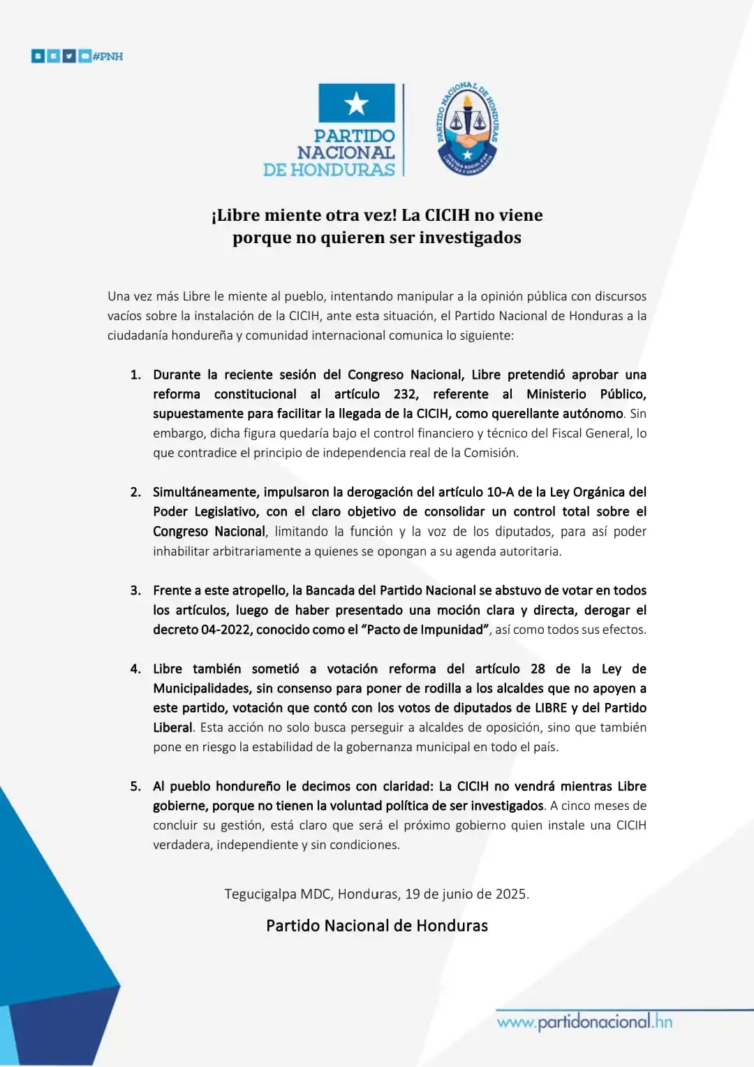 Image from Enfoque Digital HN: EDHN 📌|| En un nuevo comunicado el Partido Nacional señala que "Libre...