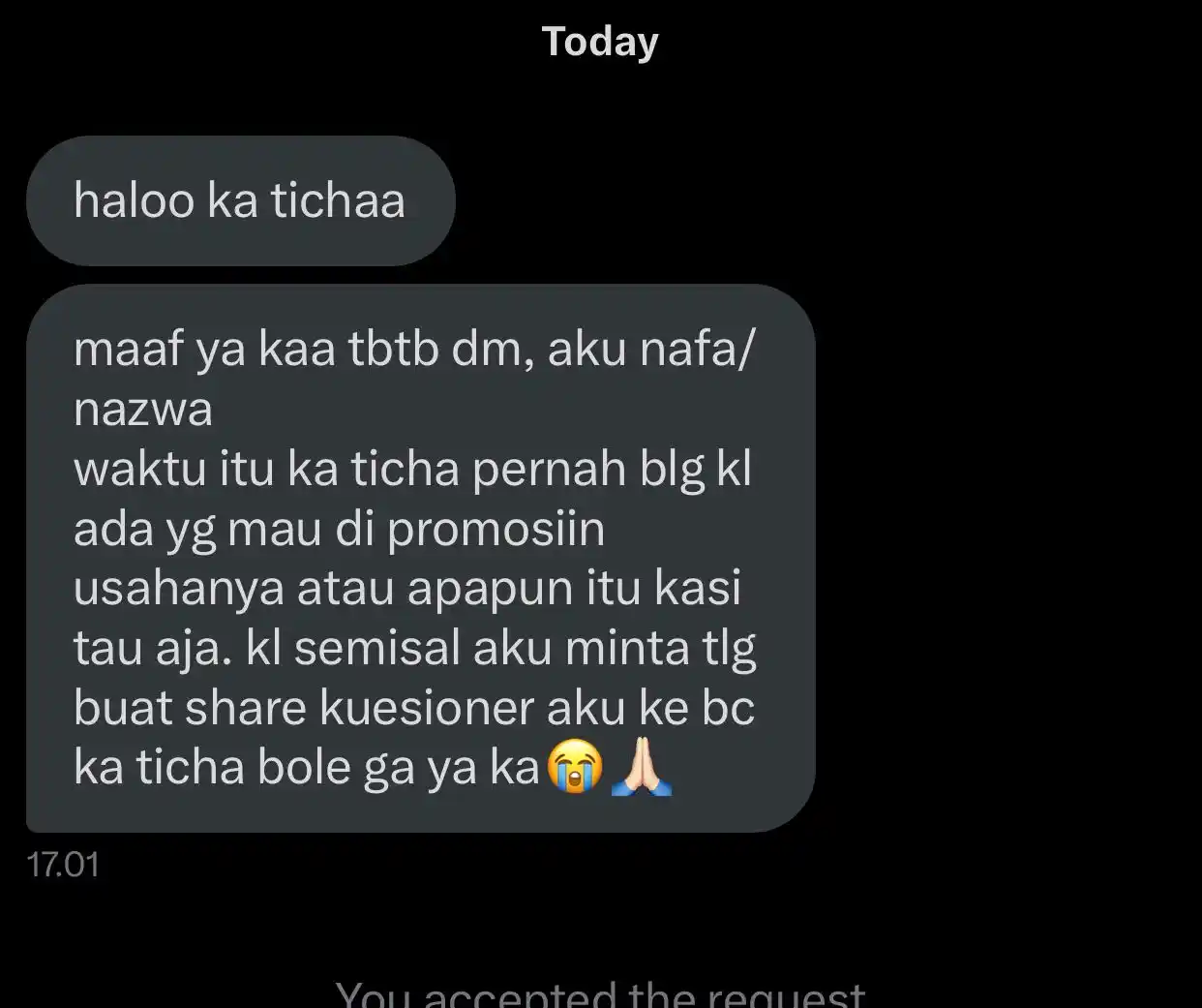 Image from lambeticha: halo temen temen, boleh bantu temen kita isi kuesioner ga? linknya dib...