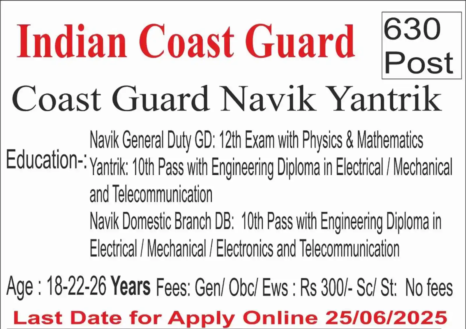 Image from SarkariJobPortal GovtJobs Bank Teaching Railway Police Army SSC Railway UPSC Haryana Job Bihar Job: indian coast guard recruitment | 630 Post...