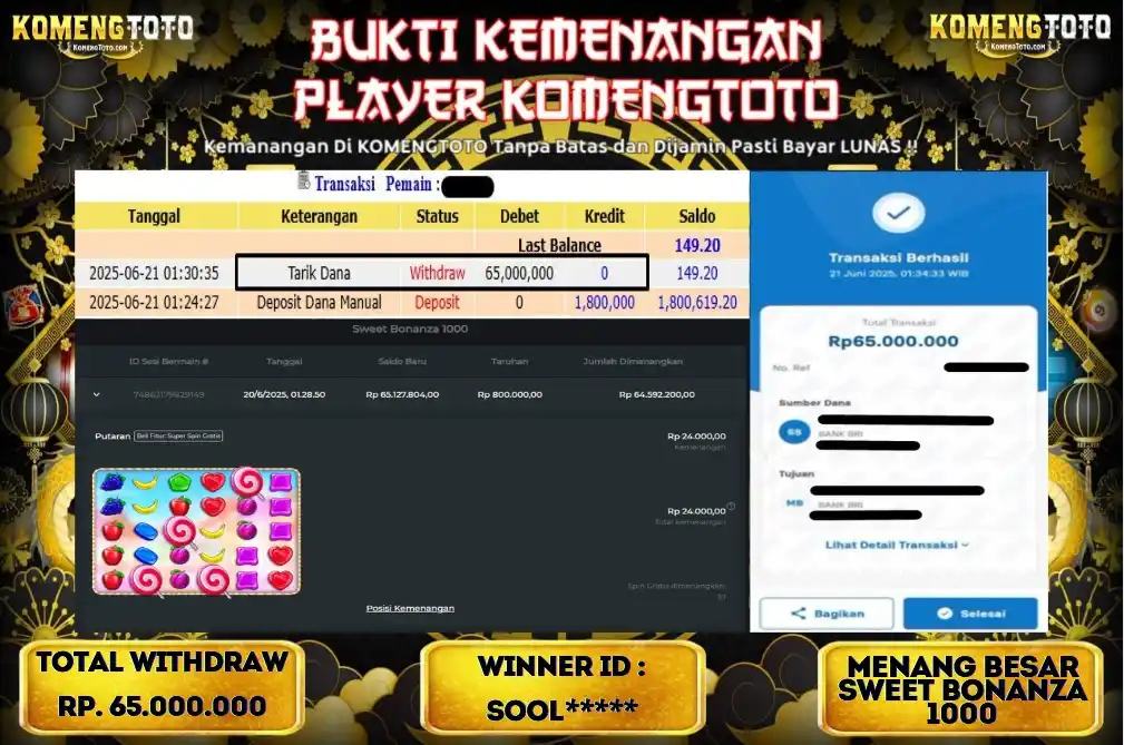 Image from KOMENGTOTO🇮🇩: LAGI & LAGI!! KEMENANGAN BESAR DI SLOT SWEET BONANZA 1000 SEBESAR Rp.6...