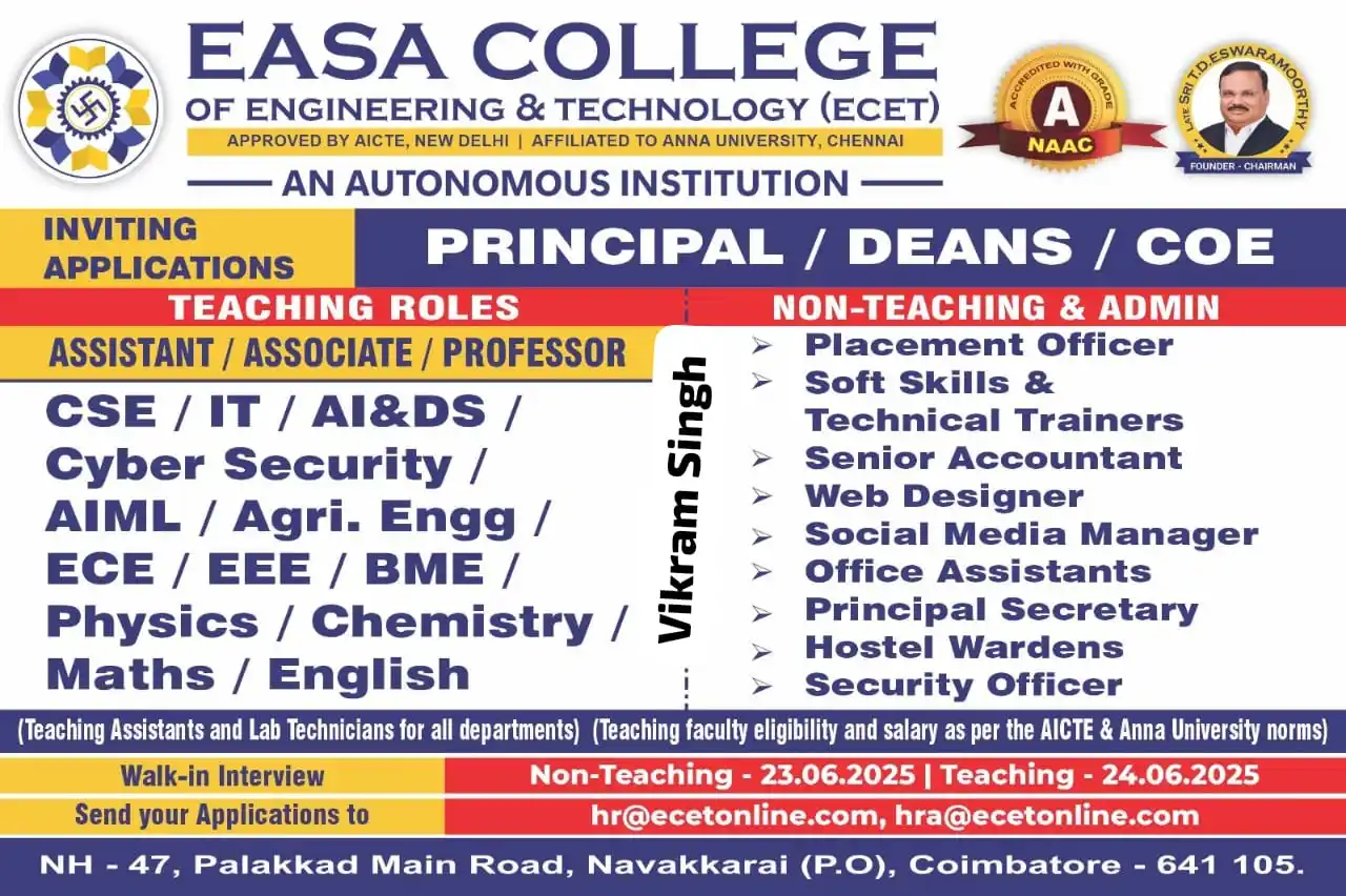 Image from Physics Jobs UG PG PHD Intership  Project Workshop: 🎓 *Now Hiring | EASA College of Engineering & Technology, Coimbatore*...