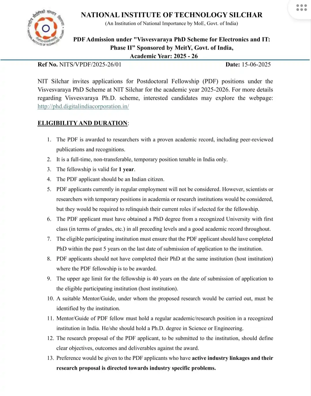 Image from Physics Jobs UG PG PHD Intership  Project Workshop: *Post Doctoral Fellowship (PDF) under Visvesvaraya PhD Scheme 2025*   ...