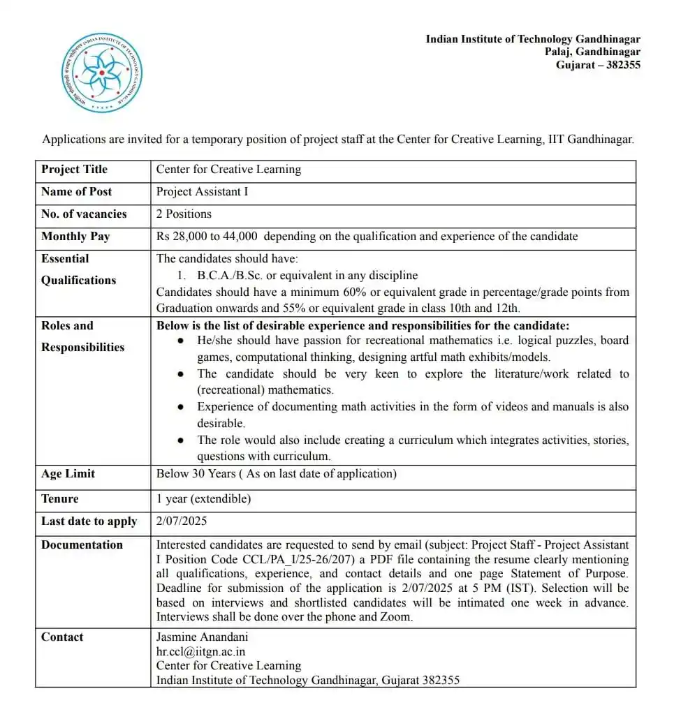 Image from Physics Jobs UG PG PHD Intership Project Workshop: Project Assistant at Center for Creative Learning, IIT Gandhinagar ht...