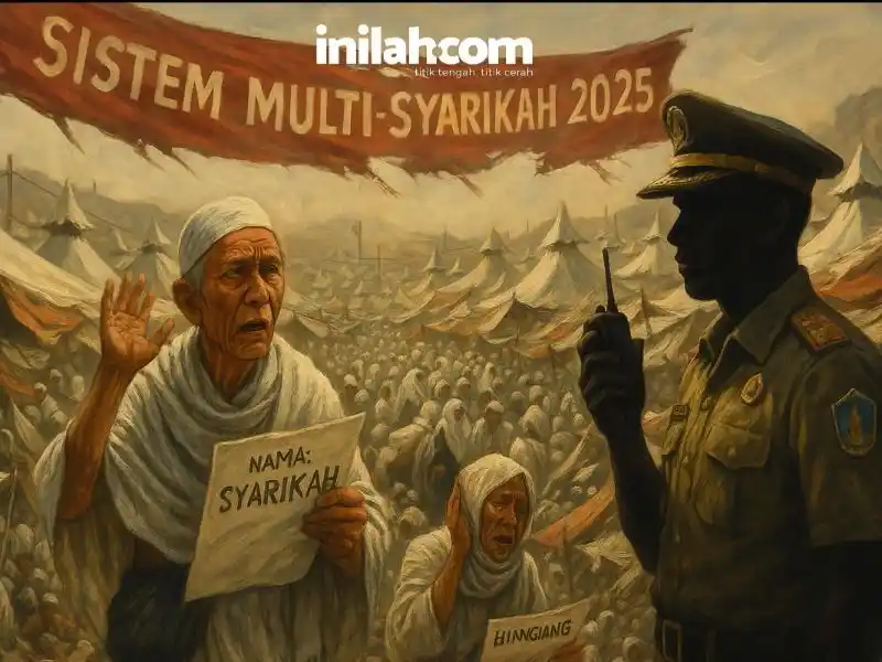 Image from Inilah.com: *Rapor Merah Sistem Multi Syarikah Haji Kemenag*  Multi‑syarikah bikin...