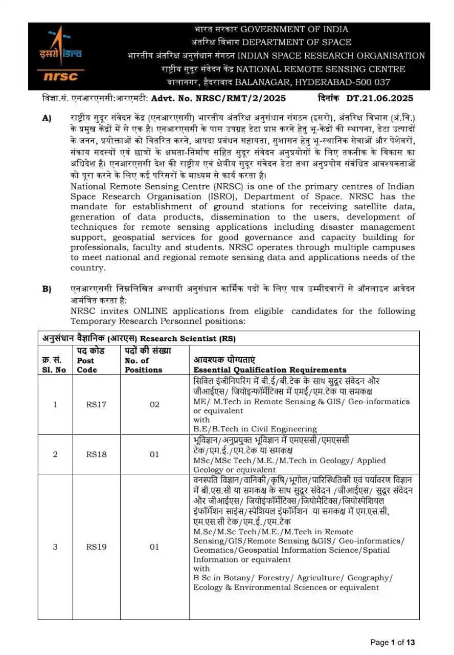Image from Physics Jobs UG PG PHD Intership  Project Workshop: Temporary Research Personnel positions at ISRO NRSC Hyderabad  Deadlin...