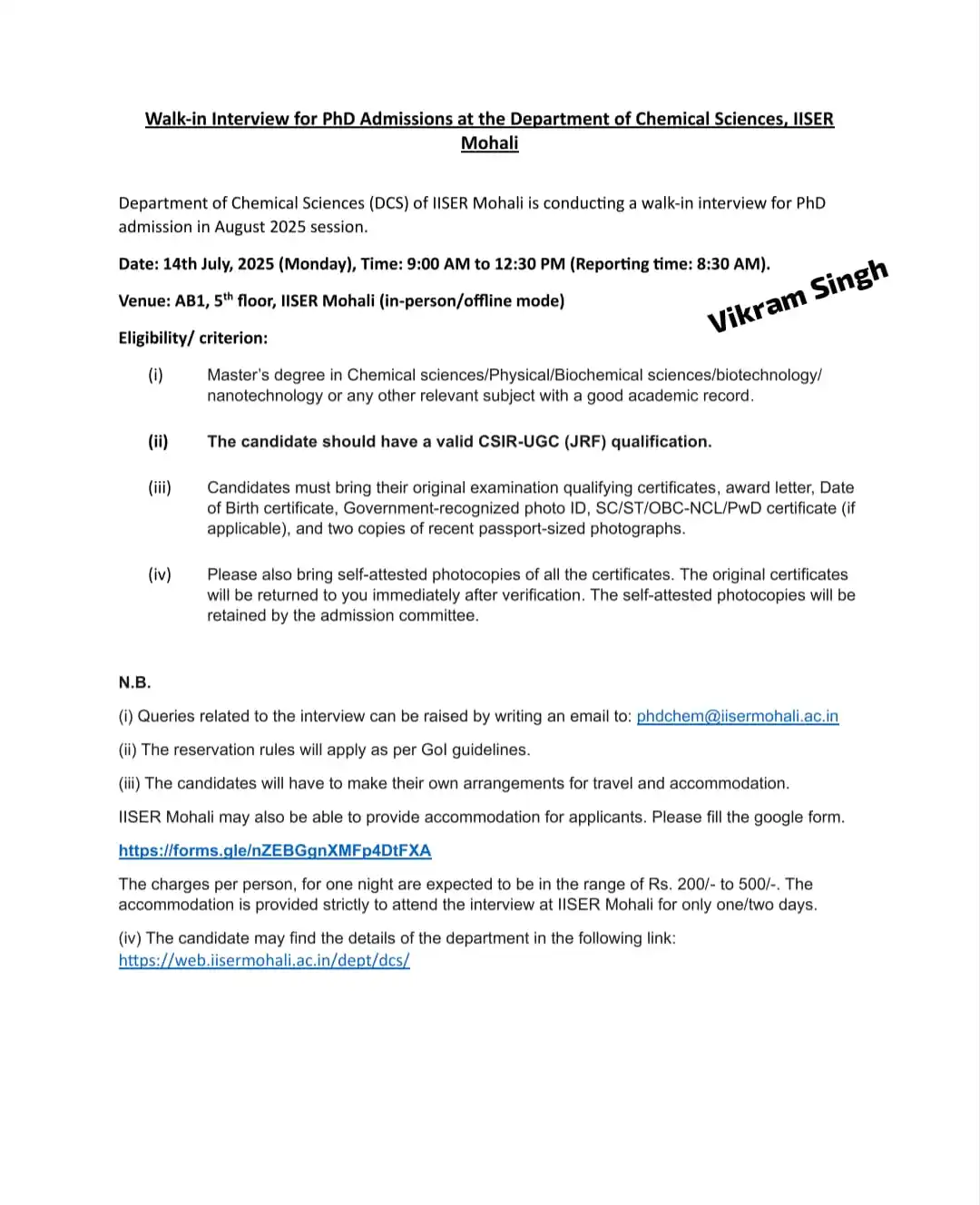 Image from Physics Jobs UG PG PHD Intership Project Workshop: *Walk-in Interview for PhD Admissions at the Department of Chemical Sc...