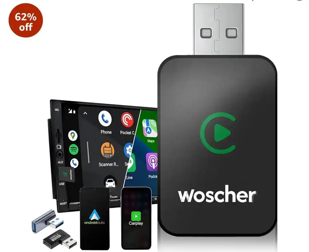 Image from Great Deals Hub PRO: Woscher Wired To Wireless Carplay Android Auto Adaptor @2549.  Apply ₹...