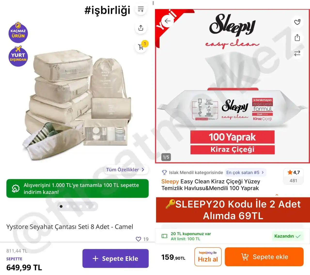 Image from İndirim Fırsat Merkezi: 🔥Yystore Seyahat Çantası Seti 8 Adet Camel   ✅Sepette 649TL’ye Düştü ...