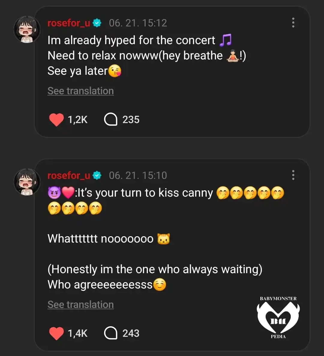 Image from BABYMONS7ER.PEDIA UPDATE ᱬ: AHYEON Left a comment on Ahyeon's post 😈💗: Sekarang giliran kamu ya...