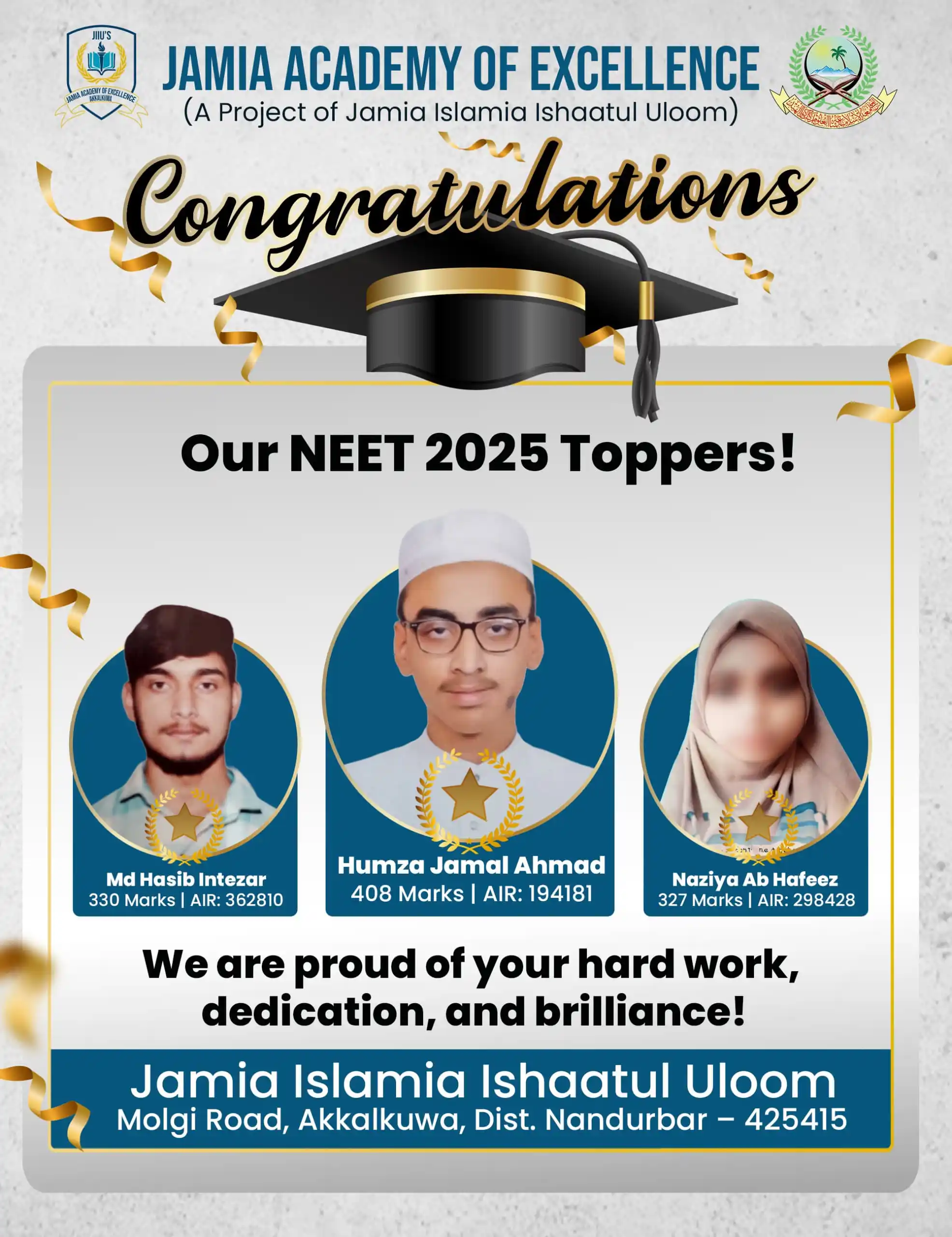 Image from JIIU MEDIA: 🏆 Congratulations to Our NEET 2025 Achievers! Jamia Academy of Excell...