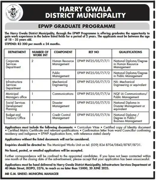 Image from Internships in South Africa : EPWP Graduate Programme x6 posts  Harry Gwala District Municipality Cl...