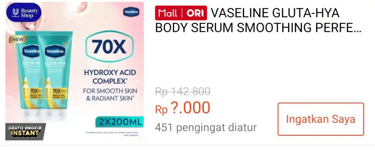 Image from Racun Shopee (Papa Shopee): Flash sale serba seribu ⏰ Pukul 18:00 VASELINE GLUTA-HYA BODY SERUM ...