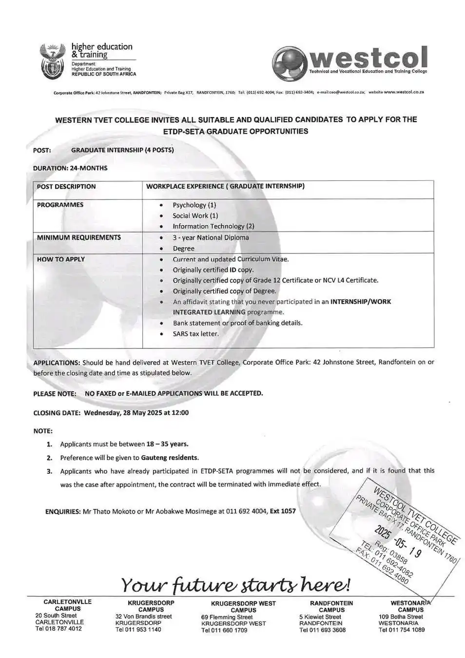 Internships in South Africa  post