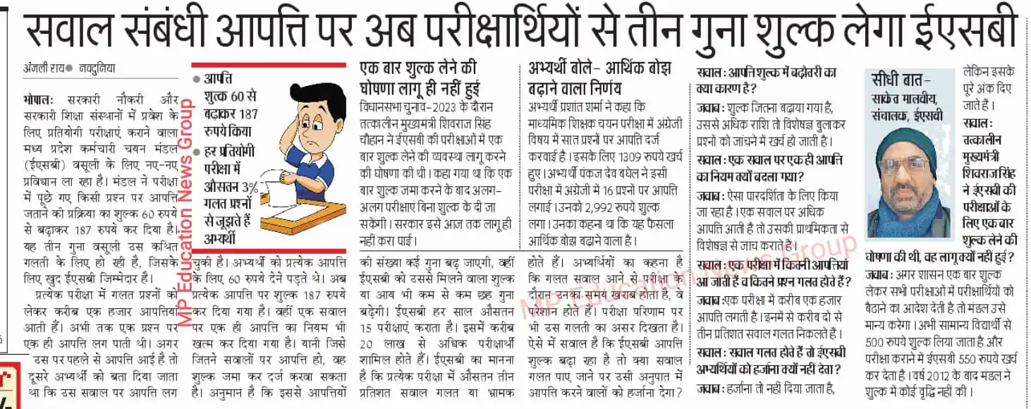 Image from MP Education News (मध्यप्रदेश): *मध्यप्रदेश कर्मचारी चयन मंडल (ESB) सवाल संबंधी आपत्ति पर अब परीक्षार्...