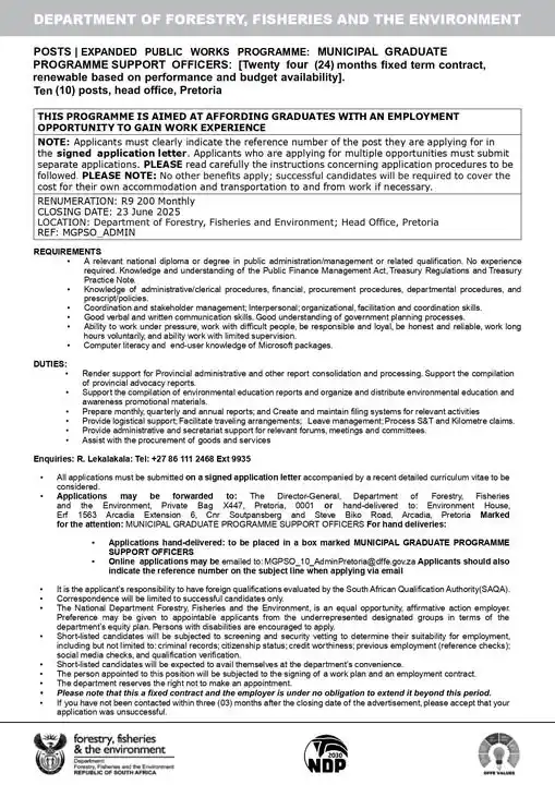 Image from Internships in South Africa : Municipal Graduate Programme x10 posts Department Forestry, Fisheries ...