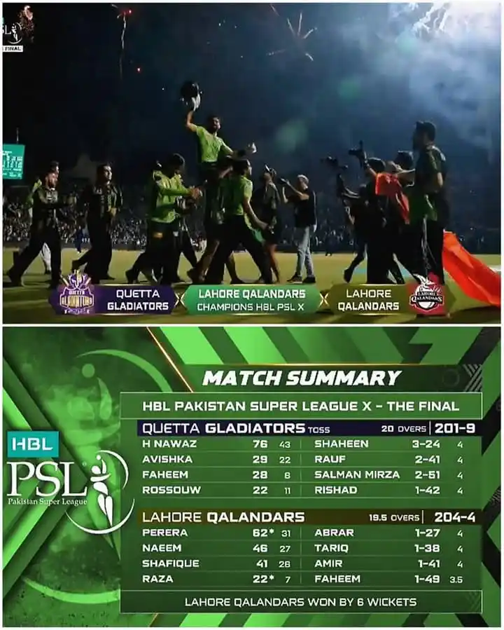 Image from 𝑺𝑳 𝑪𝑹𝑰𝑪 𝑰𝑵𝑭𝑶©🏏♥️🇱🇰: The Final  |  Qalandars won by 6 wickets. 🙂✋  PSLඉතිහාසයේ තෙවෙනි වරටත...
