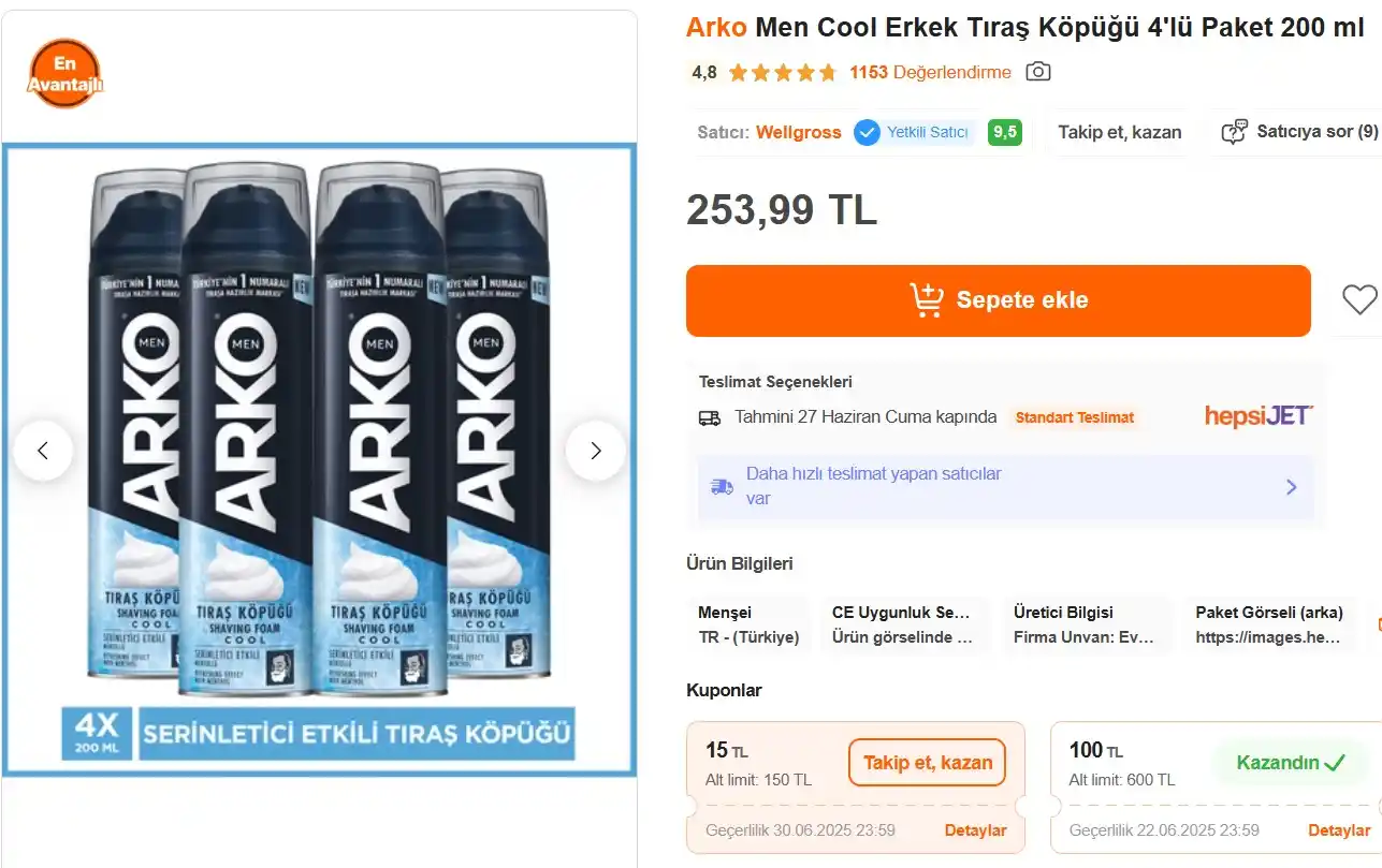 Image from Fırsata Tıkla: 📢 Arko Men Cool Erkek Tıraş Köpüğü 4'lü Paket 200 ml 💵 3 adet alımd...