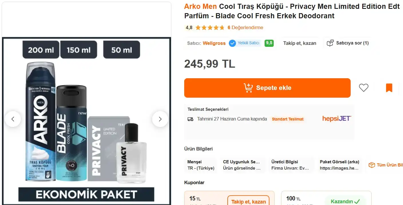 Image from Fırsata Tıkla: 📢 Arko Men Cool Tıraş Köpüğü - Privacy Men Limited Edition Edt Parfüm...