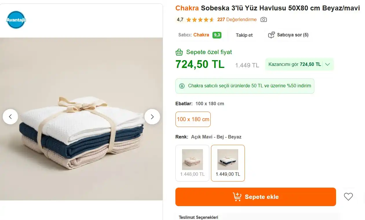Image from Fırsata Tıkla: 📢 Chakra Sobeska 3'lü Yüz Havlusu 50X80 cm Beyaz/mavi 💵 ENUZUN100 k...