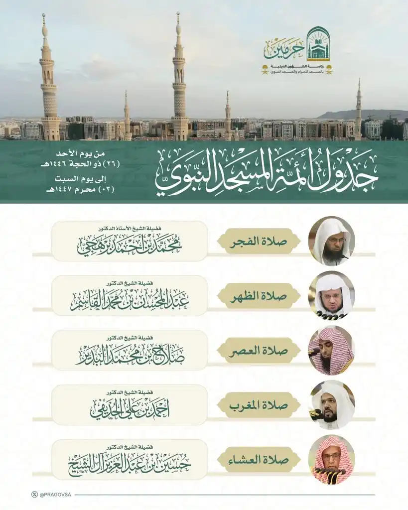 Image from Lovers of the Haramain: Imaams schedule at the Prophet’s Mosque! Sheikh Muhammad Barhaji Shei...