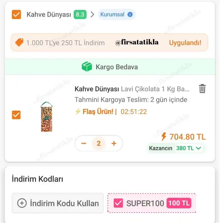 Image from Fırsata Tıkla: 📢 Kahve Dünyası Lavi Çikolata 1 Kg Bayram Hediyesi 💵 2 adet alımda ...