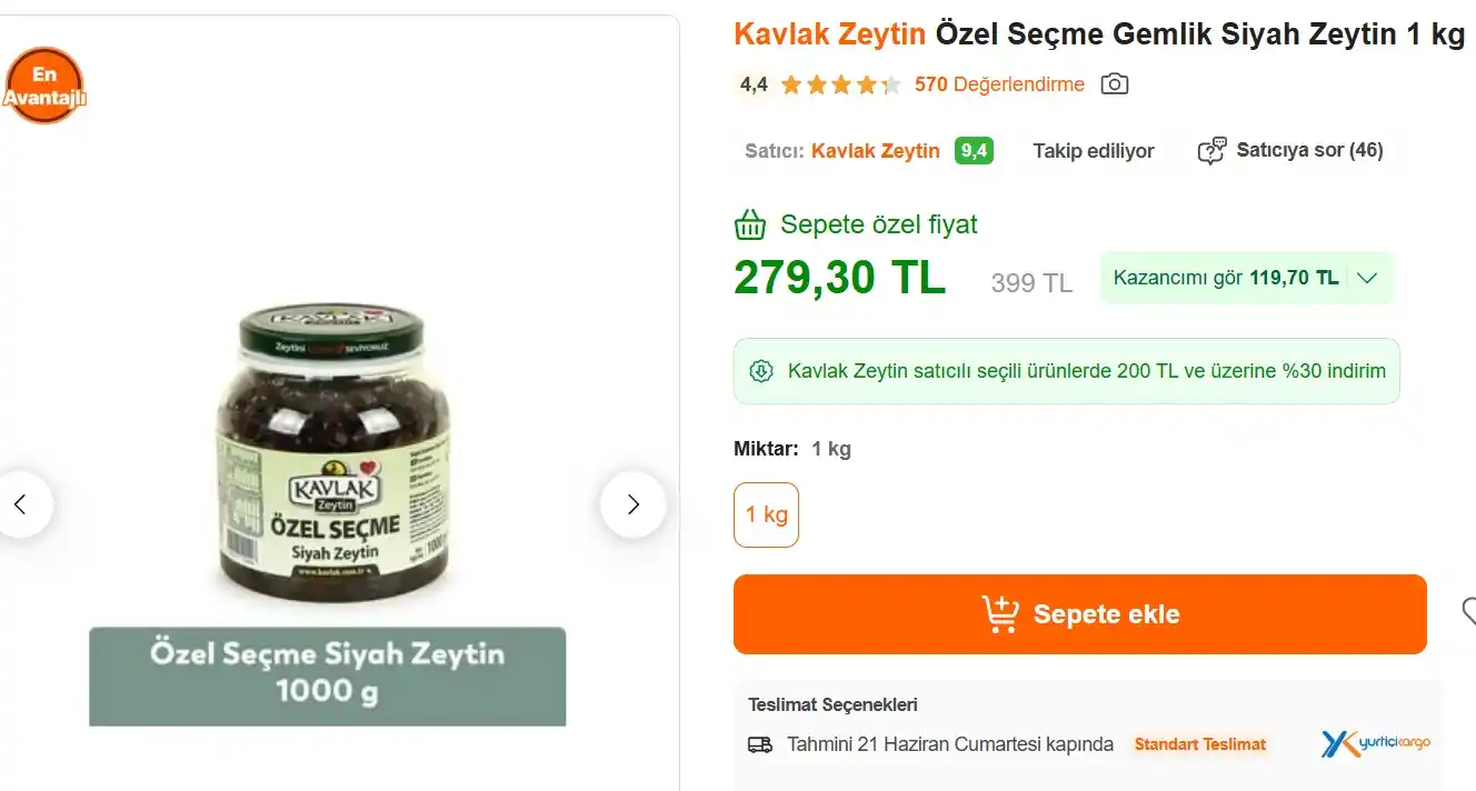 Image from Fırsata Tıkla: 📢 Kavlak Zeytin Özel Seçme Gemlik Siyah Zeytin 1 kg  💵 SEPETTE100 ko...