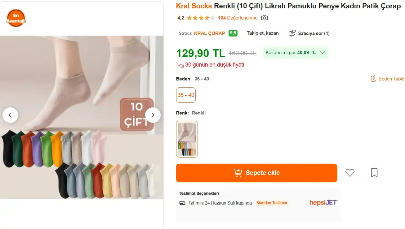 Image from Fırsata Tıkla: 📢  Kral Socks Renkli (10 Çift) Likralı Pamuklu Penye Kadın Patik Çora...