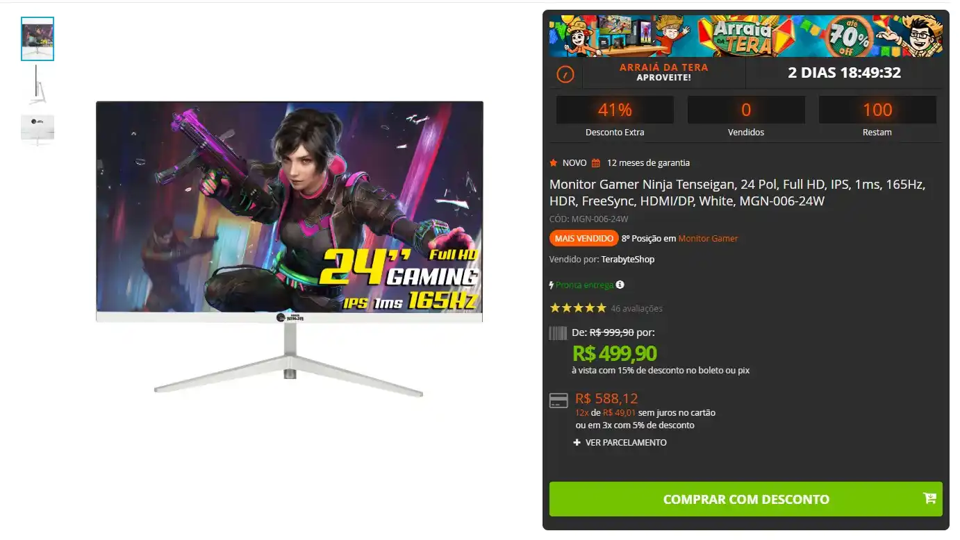 Image from GPCR Promo - Hardware e Tecnologia: 🔥Monitor Gamer Ninja Tenseigan, 24 Pol, Full HD, IPS, 1ms, 165Hz, HDR...