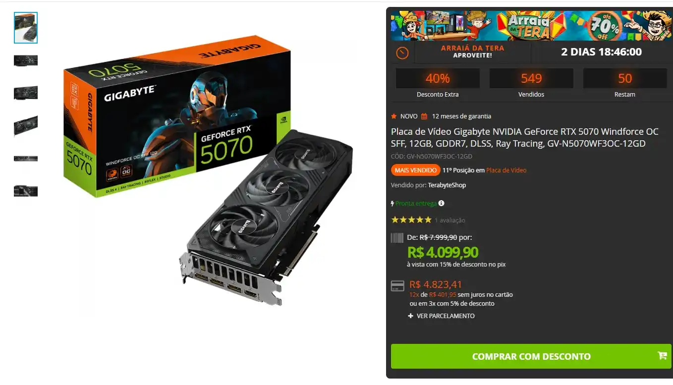 Image from GPCR Promo - Hardware e Tecnologia: 🔥Placa de Vídeo Gigabyte NVIDIA GeForce RTX 5070 Windforce OC SFF, 12...