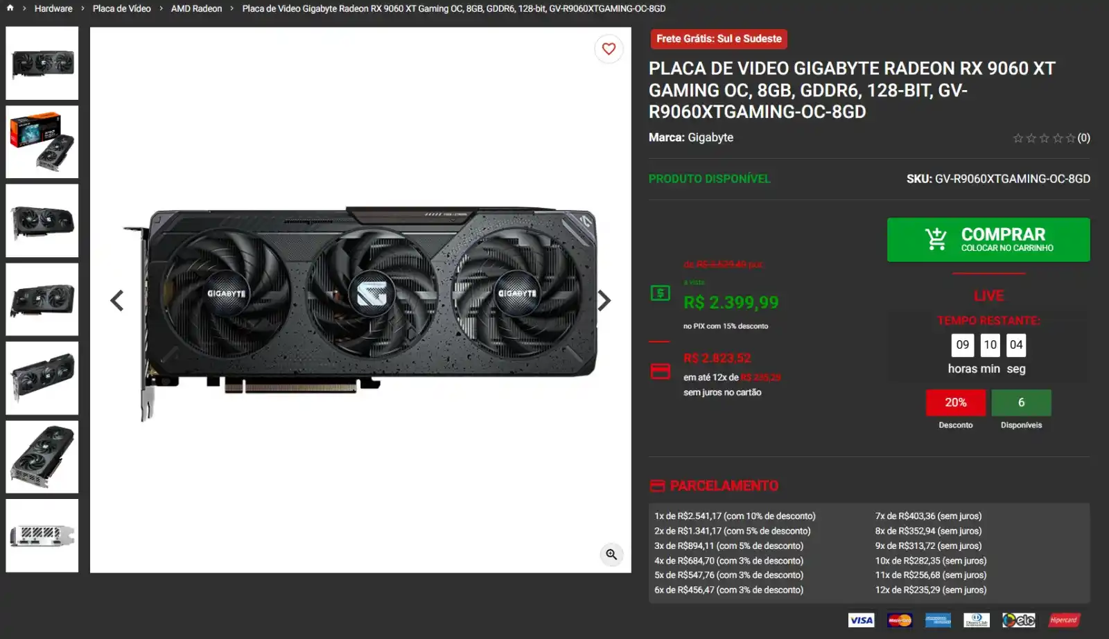 Image from GPCR Promo - Hardware e Tecnologia: 🔥Placa de Video Gigabyte Radeon RX 9060 XT Gaming OC, 8GB 💲R$2399 ...
