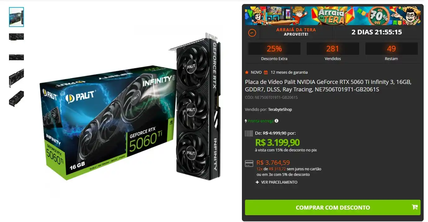 Image from GPCR Promo - Hardware e Tecnologia: 🔥Placa de Vídeo Palit NVIDIA GeForce RTX 5060 Ti Infinity 3, 16GB, GD...