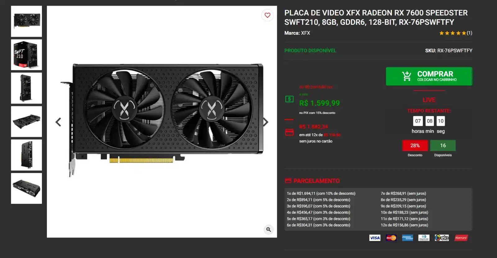 Image from GPCR Promo - Hardware e Tecnologia: 🔥Placa de Video XFX Radeon RX 7600 Speedster SWFT210, 8GB 💲R$1599 ...