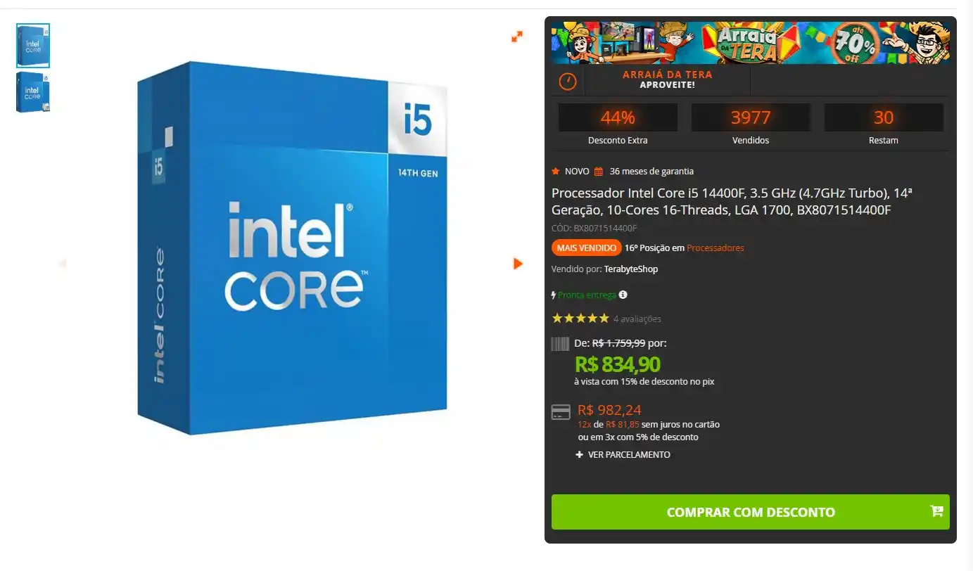 Image from GPCR Promo - Hardware e Tecnologia: 🔥Processador Intel Core i5 14400F, 3.5 GHz (4.7GHz Turbo), 14ª Geraçã...