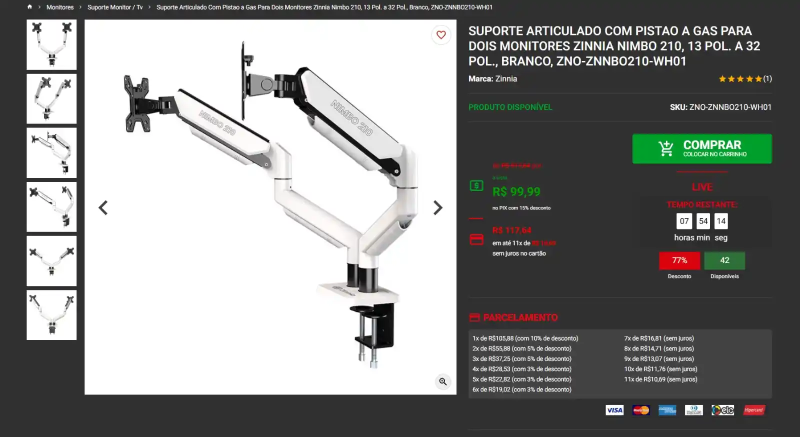 Image from GPCR Promo - Hardware e Tecnologia: Suporte Articulado Com Pistao a Gas Para Dois Monitores Zinnia Nimbo 2...