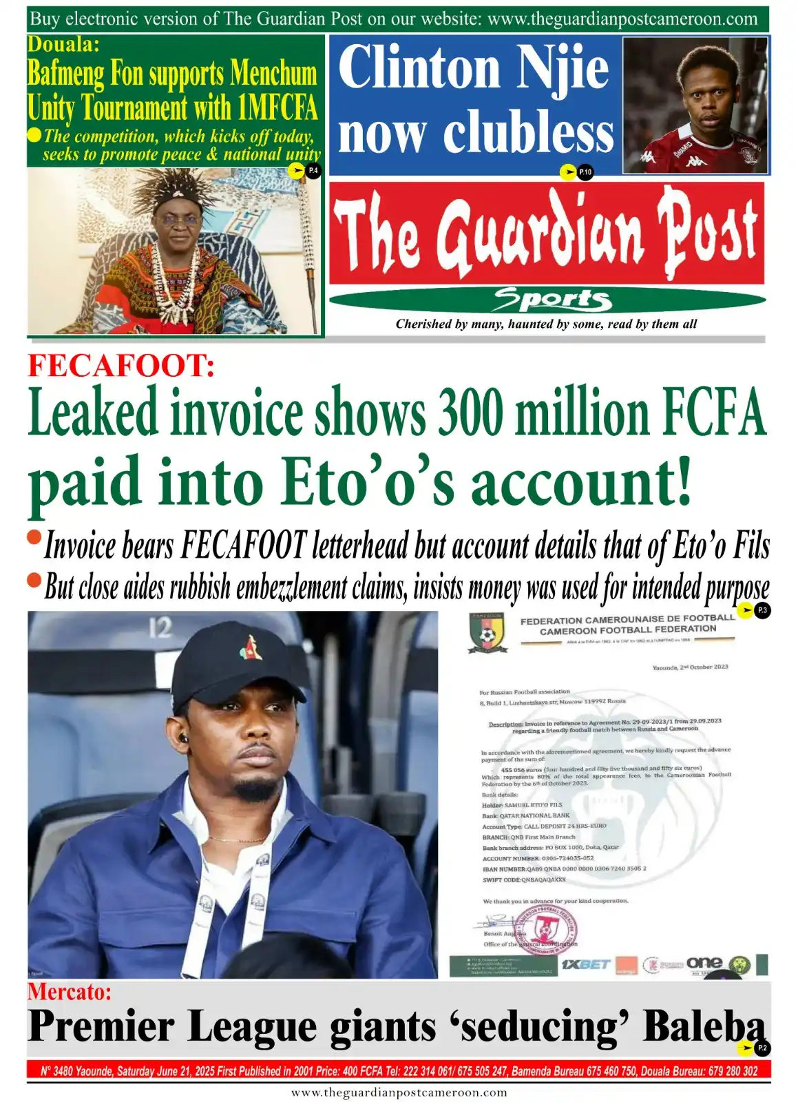 Image from The Guardian Post Daily: FECAFOOT: Leaked invoice shows 300 million FCFA paid into Eto'o's acco...