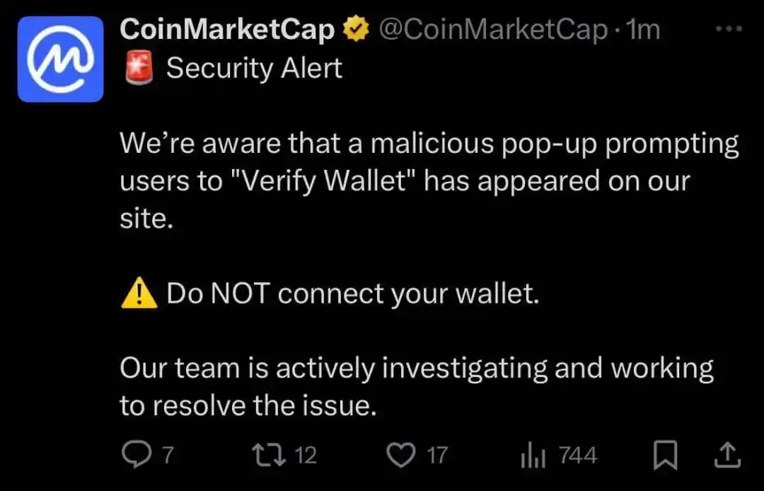 Image from Digital Apex Blockchain 📊🪙: ⚠️CoinMarketCap’s frontend has been compromised. Dont connect your wal...