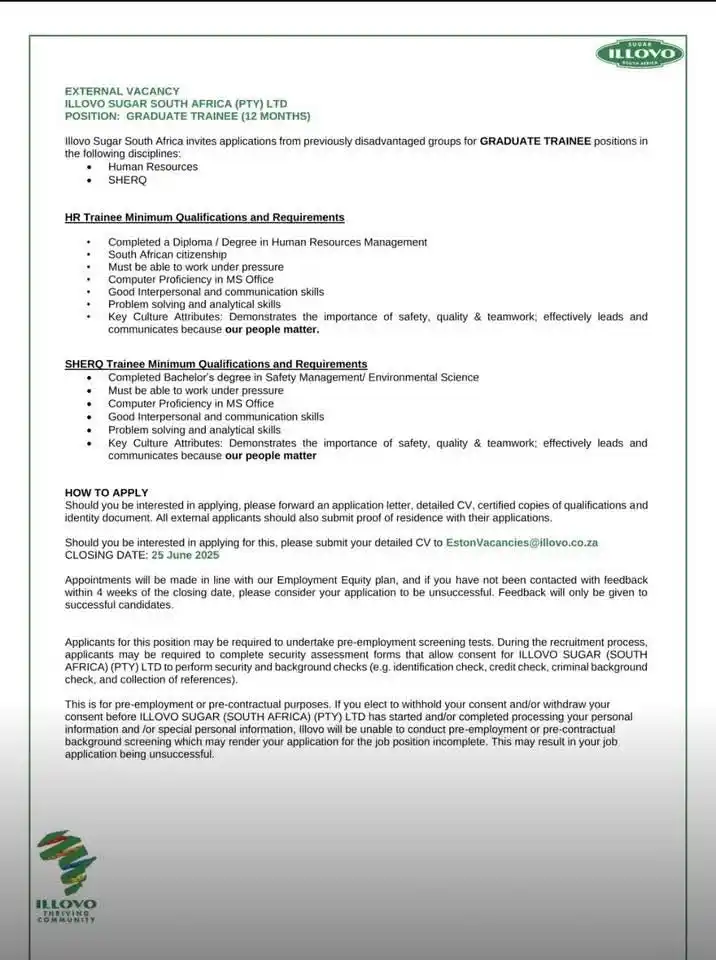 Image from Opportunities With Thabang: Illovo Sugar South Africa Pty Ltd is hiring a SHEQ Trainee. Location:...