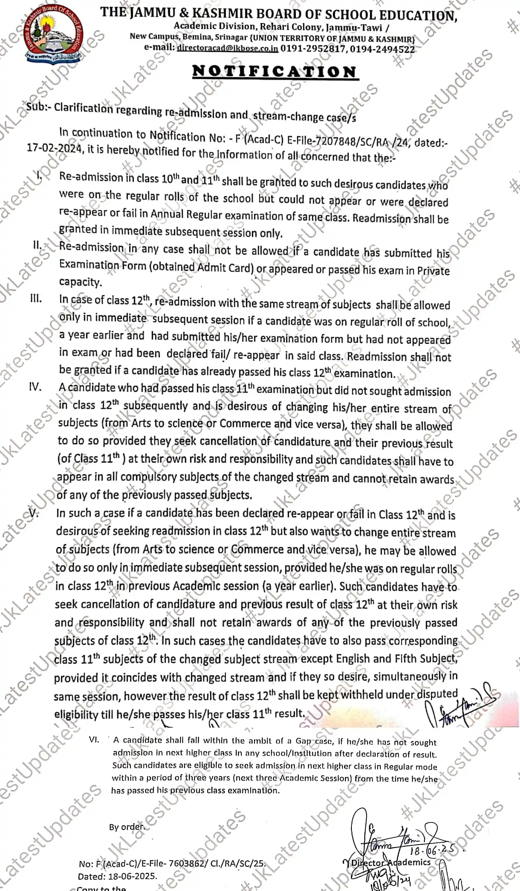 Image from #JkLatestUpdates: [J&K BoSE] . . >> Clarification regarding Re-Admission & stream change...