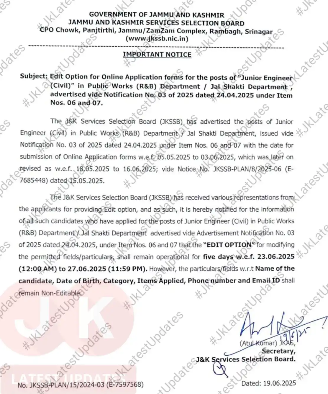 Image from #JkLatestUpdates: [J&K SSB ] . . >> Notice regarding EDIT OPTION for Online Application ...