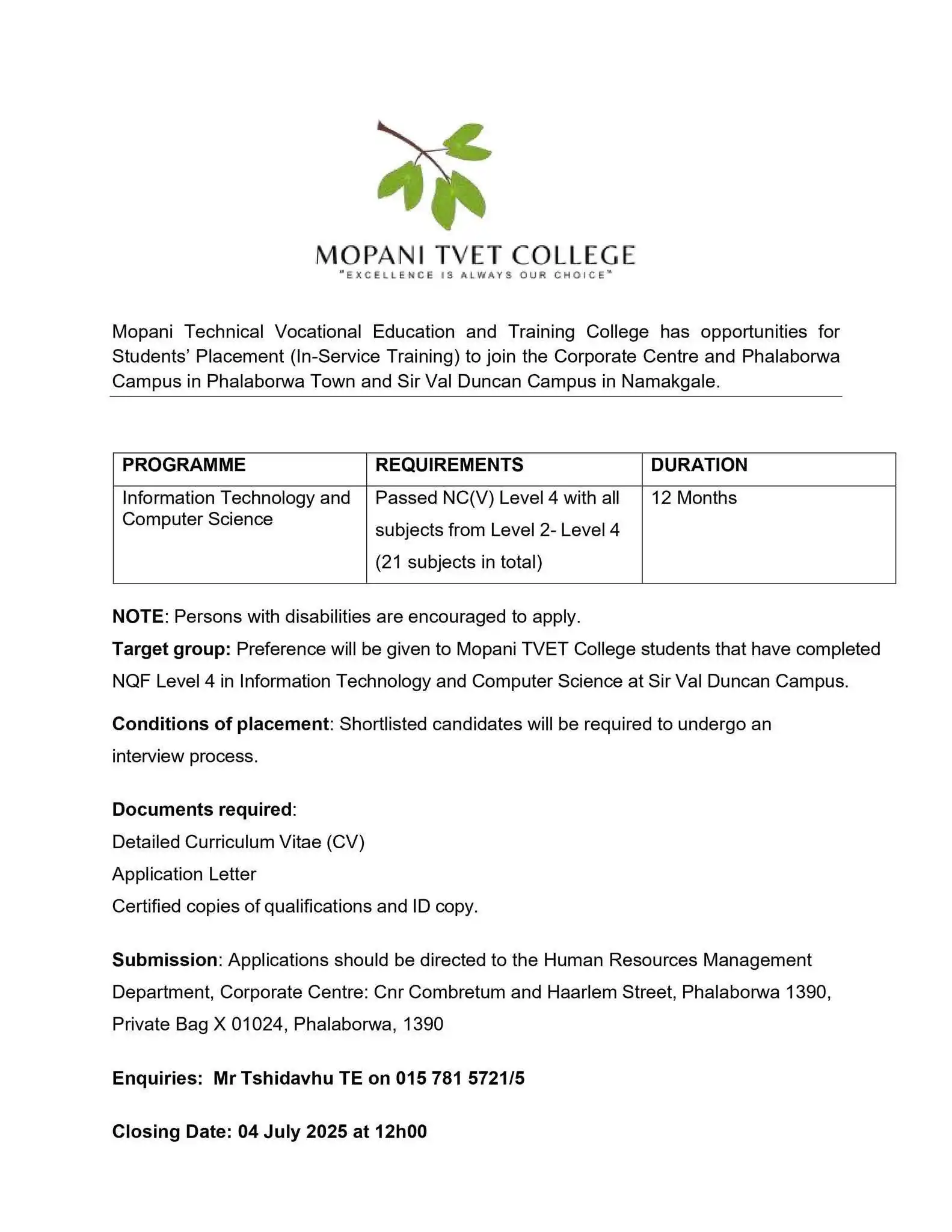 Image from Opportunities With Thabang: Mopani Technical Vocational Education and Training College has opportu...