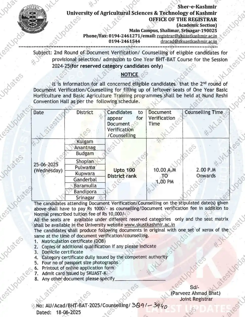 Image from #JkLatestUpdates: [SKUAST Kashmir] . . >> 2nd Round of document verification/counselling...