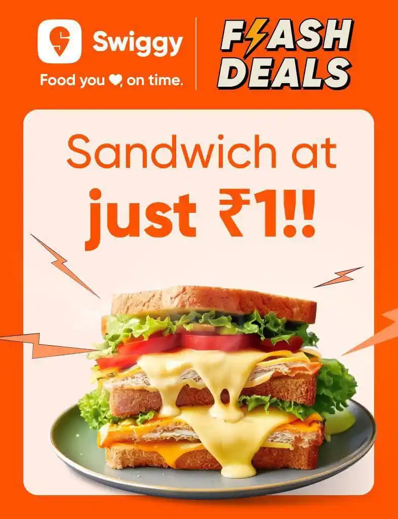 Image from Offer | Deals | Discount: 😋 Swiggy Loot : Sandwich @ 1 Live at 5:30 PM Selected locations...