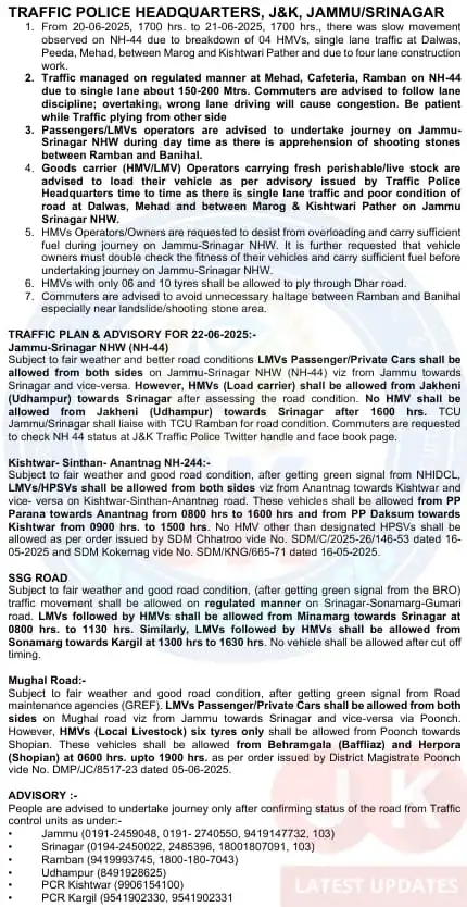 Image from #JkLatestUpdates: >> Traffic Plan/Advisory for  22-06-2025. <a class="text-blue-500 hove...