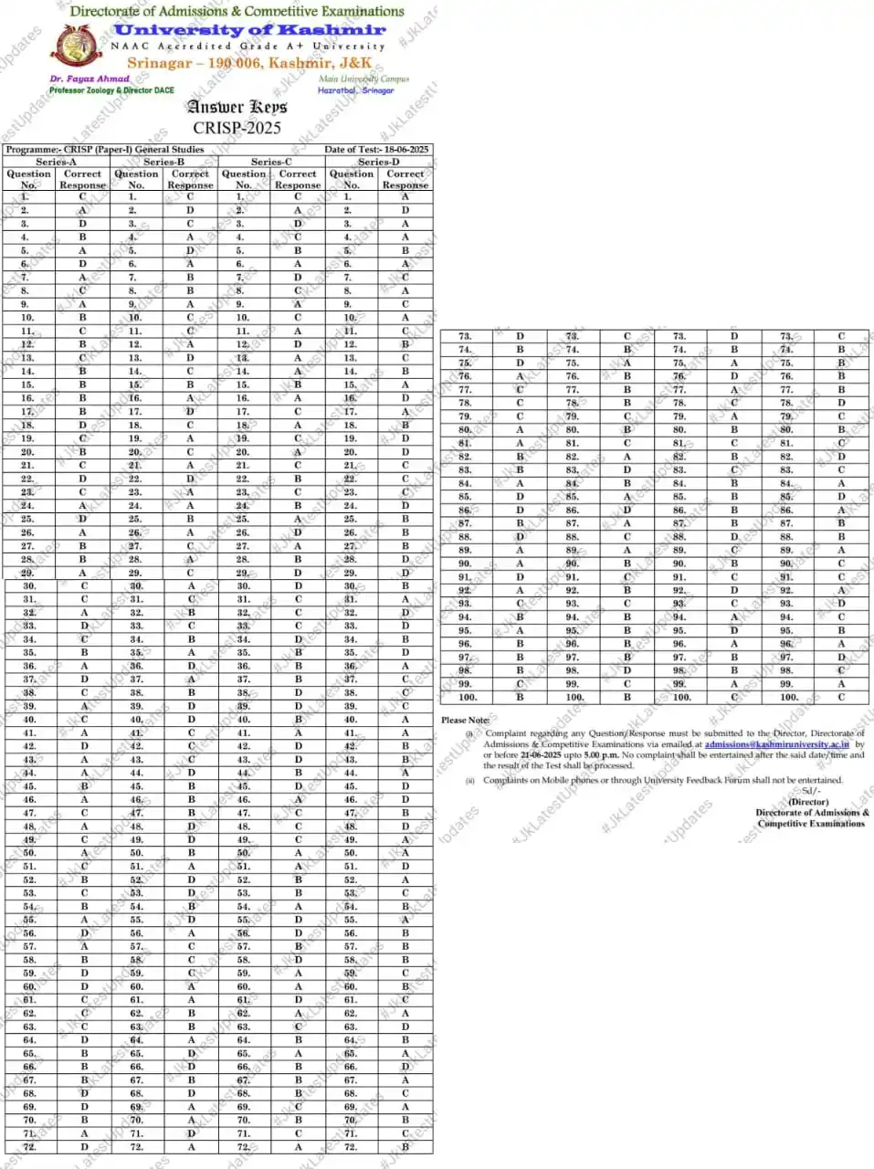 Image from #JkLatestUpdates: [University of Kashmir] . . >> Answer Keys CRISP-2025 (CCPC) (Paper-I)...
