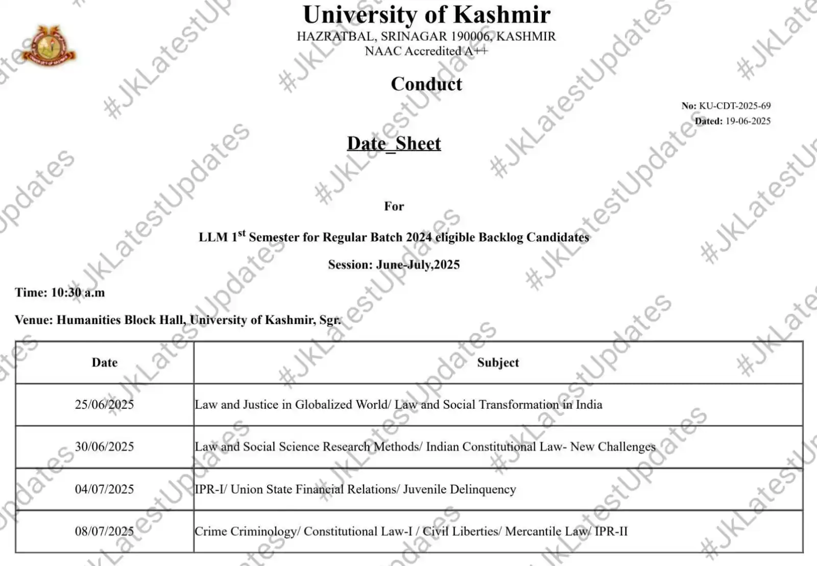 Image from #JkLatestUpdates: [University of Kashmir] . . >> Date Sheet for LLM 1st Semester for Reg...