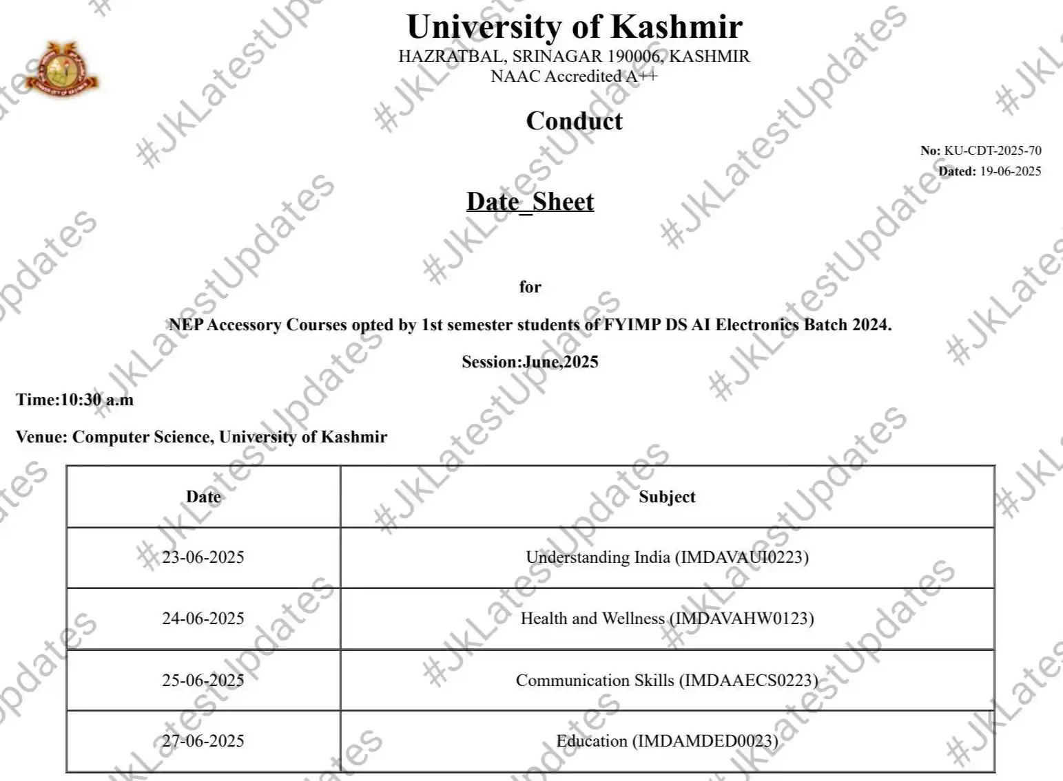 Image from #JkLatestUpdates: [University of Kashmir] . . >> Date Sheet for NEP Acessory Courses opt...