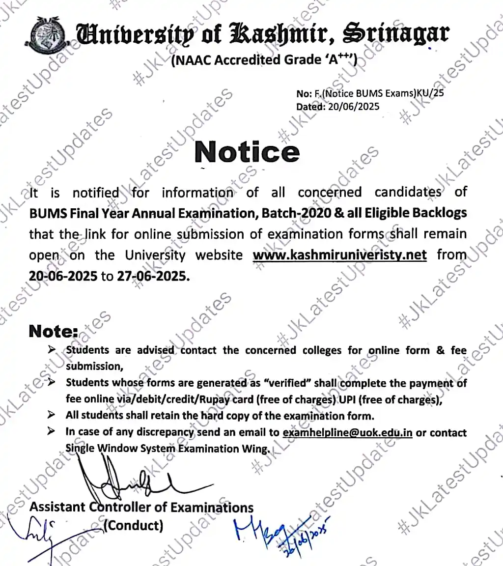 Image from #JkLatestUpdates: [University of Kashmir] . . >> Notice online submission of examination...