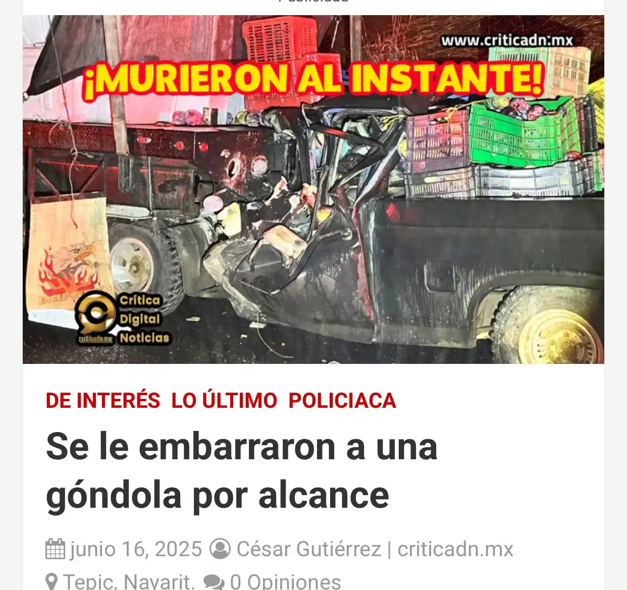 Image from Crítica Digital Noticias: ©️🗣️ El saldo: Dos muertos y un lesionado en la autopista Tepic-Matan...