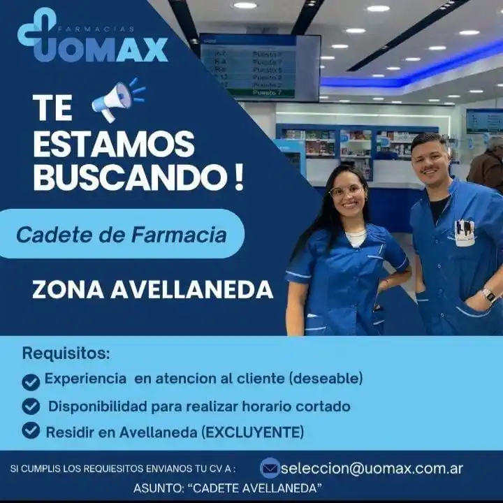 Image from 🌈✨️ Empleo360 💖: 👨🏻‍💼✨ *Cadete de Farmacia*  📍 *Avellaneda*  📧 seleccion@uomax.com...