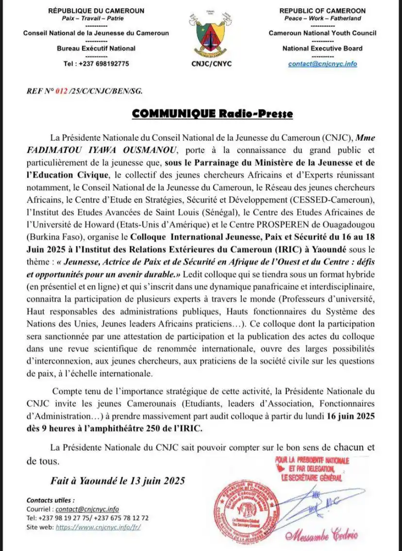 Image from Empire News : 🇨🇲 Cameroun Le Conseil National de la Jeunesse du Cameroun (CNJC) a...